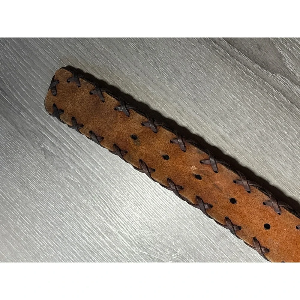 Vintage Dark Brown Leather Whipstitch Embossed Belt Leather Wrapped‎ Buckle